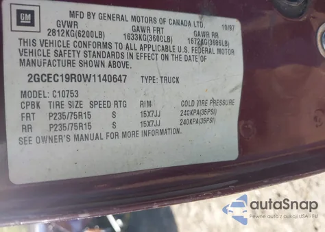 1998 Chevrolet C1500 Fleetside из США, поврежденный, VIN 2GCEC19R0W1140647